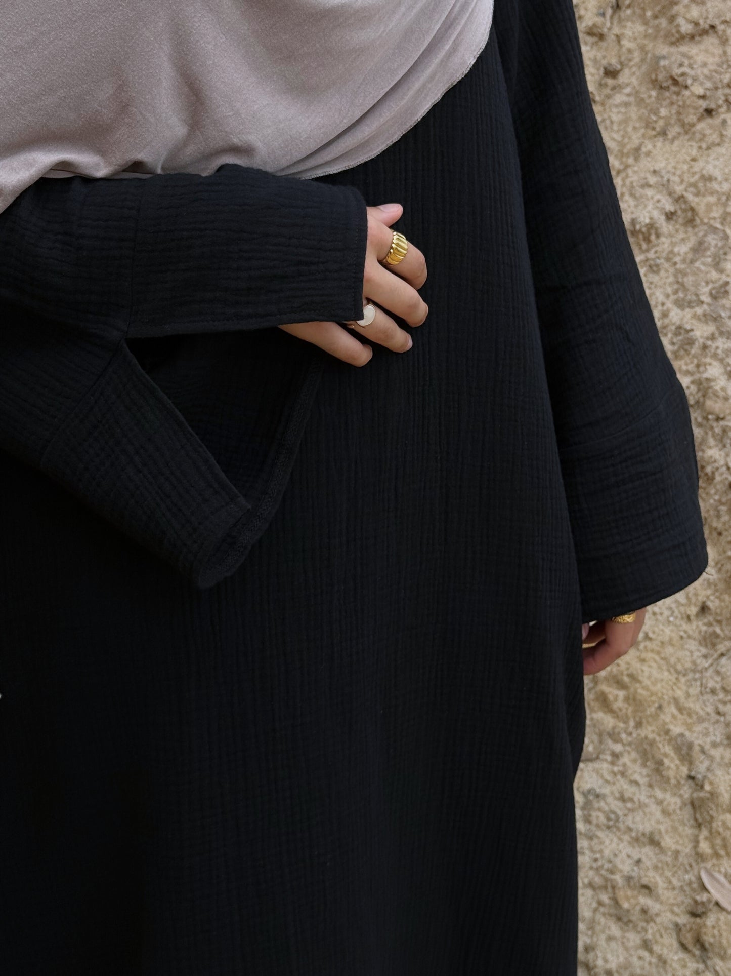 Textured Cotton Abaya - Black