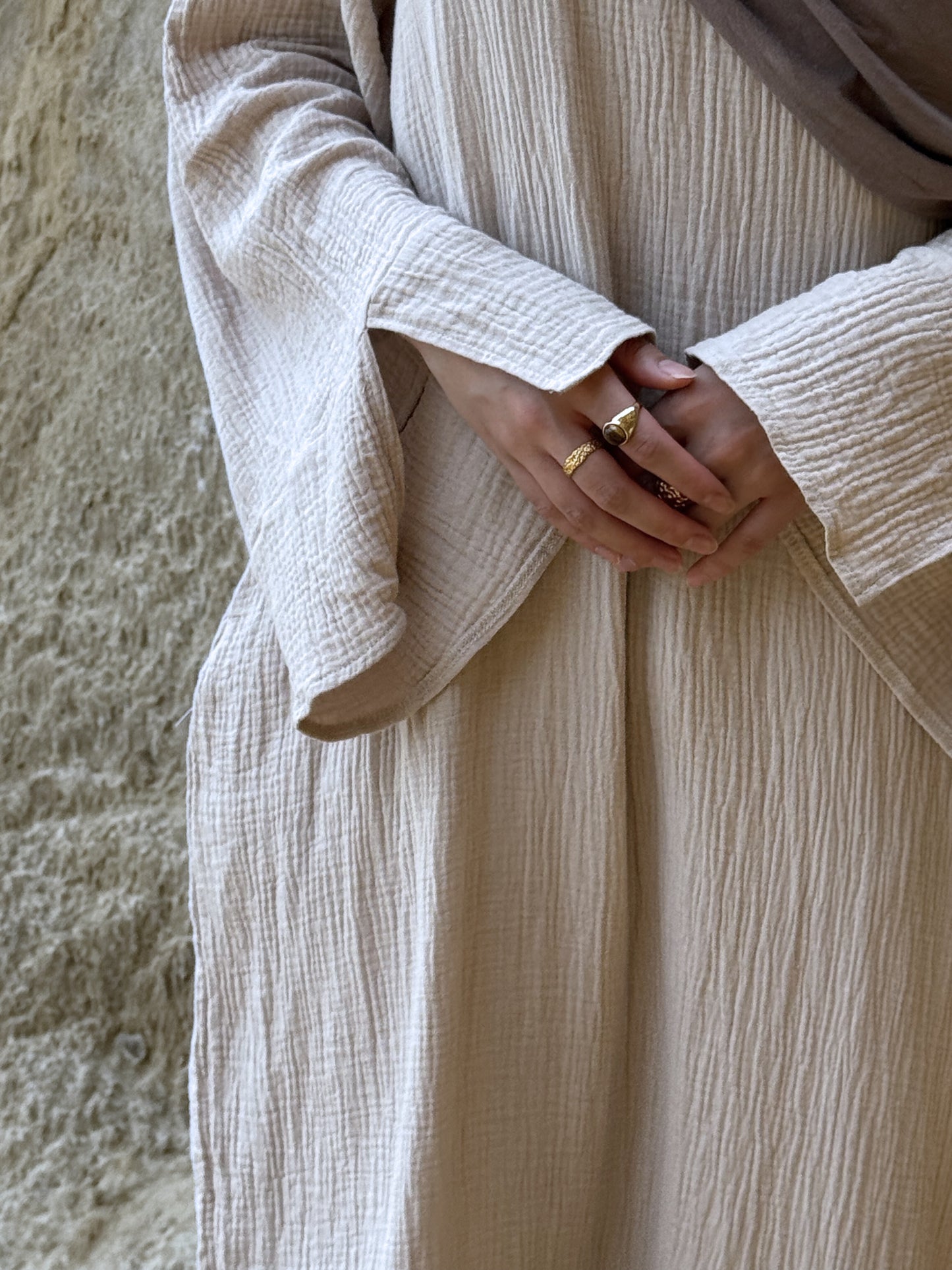 Textured Cotton Abaya - Cream
